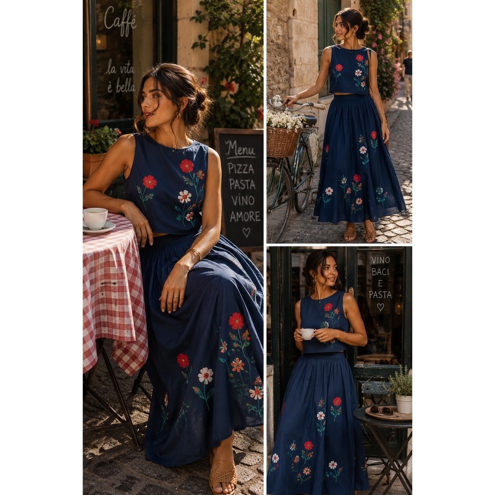 Navy Blue Floral Embroidered 2 Piece Set Crop Top and Maxi Skirt Boho Navy L